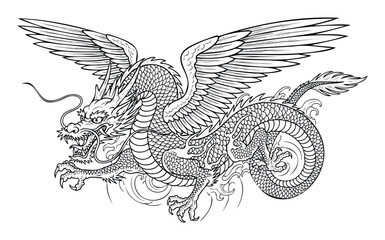Powerful traditional Asian mythical dragon with large feathered wings in flight, suitable for cultural designs, tattoo inspiration, or decorative apparel graphics