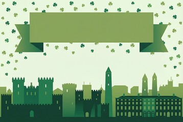 Green city skyline with falling shamrock and blank banner for St. Patricks Day celebration. Irish holiday background and event promotion.