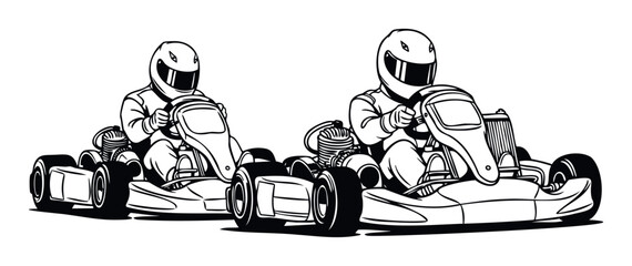 Professional go kart racers wearing helmets and racing suits compete on a track, perfect for sports event promotions, automotive industry branding, and racing championship announcements.