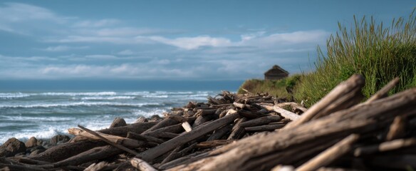 Weathered driftwood artfully stacked along the rugged shoreline shaped by relentless wind and waves.