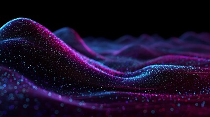 Close-up view of flowing abstract waveform, highlighted with neon blue and pink particles