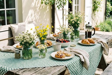 Outdoor breakfast scene with pastries, coffee, and fruit on a wooden table with green tablecloth. Summer holiday or weekend brunch in a garden setting.