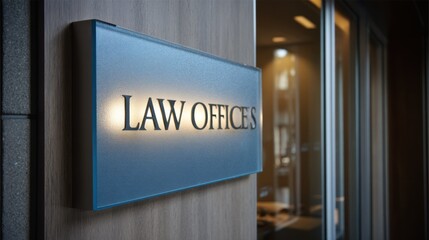 Modern law office door signage featuring sleek lettering and a frosted glass panel highlighting professionalism in a commercial building entrance.