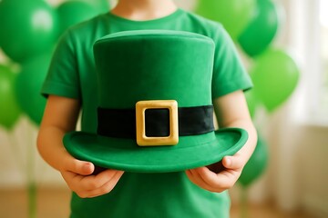 Kid holding a green leprechaun hat. St. Patricks Day celebration and Irish culture concept for holiday greeting card. Traditional festive costume for child.