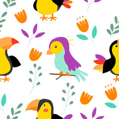Cute Tropical Birds and Flowers Seamless Pattern