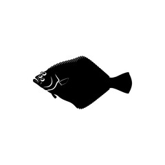 Stylized silhouette of a flatfish, capturing the distinct form of a halibut or flounder, ideal for seafood branding, marine biology illustrations, or ocean-themed graphic designs