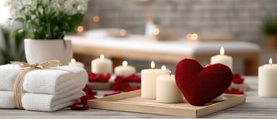 Romantic spa setting for Valentine's Day with candles and heart-shaped towels for relaxation and enjoyment