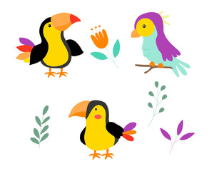 Obraz premium Cute Cartoon Tropical Birds and Foliage Collection