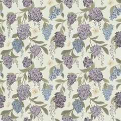 A seamless pattern with lilac branches and light butterflies. A realistic lilac branch with flowers and leaves on a light background.