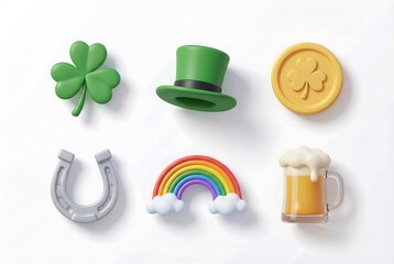Saint Patricks Day celebration with various festive symbols like a shamrock, green hat, horseshoe, rainbow, coin, and beer mug for holiday decoration.