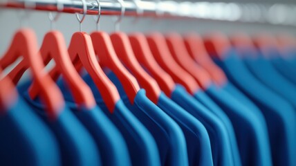 Fototapeta premium Blue t shirts hanging on red hangers, showing retail clothing display and organized for fashion apparel and sales
