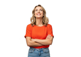 Smiling woman with arms crossed looking up isolated on transparent background