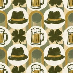St. Patricks day seamless pattern with irish symbols like shamrock, hat, and beer mug. Traditional festive texture for fabric, wrapper, or backdrop.