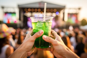 Man holding a green drink at a music festival. Refreshing beverage for concertgoers enjoying outdoor event and live performance.