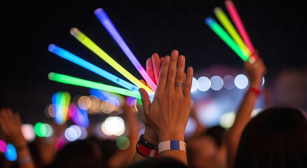 Hands Holding Colorful Neon Glow Sticks at Night Music Festival or Party with Bokeh Background