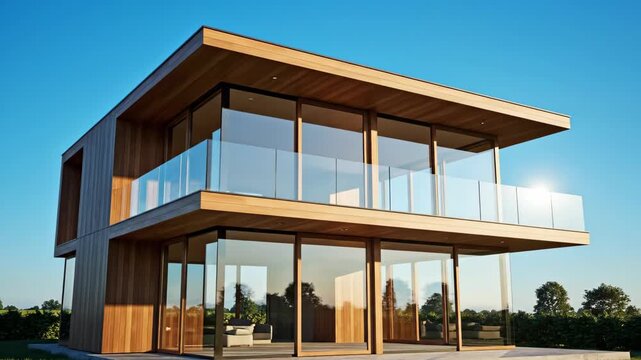 Modern House Architecture Building Itself with Wood and Glass 3D Render