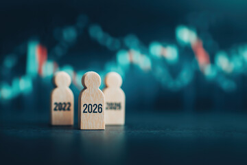 Figures labeled 2022 and 2026 stand before ascending blue line graphs.