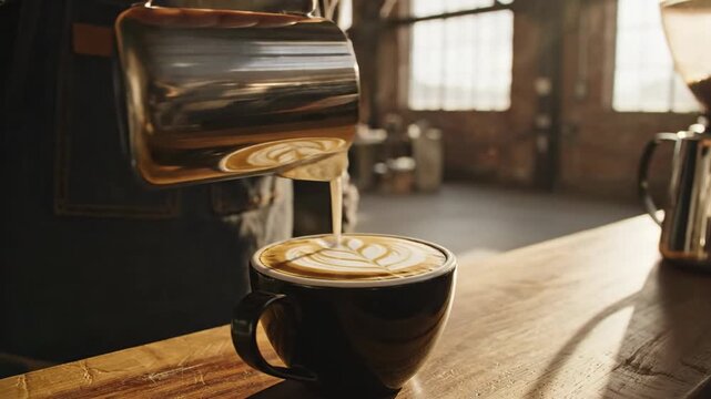 Close-up of a barista pouring latte art into a coffee cup in a cafe