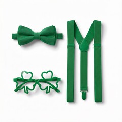 Festive green bow tie, suspenders, and shamrock glasses for St. Patricks Day celebration. Holiday accessory set with clover decor on white.