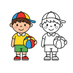 Cartoon Boy with Ball Colorful and Black White Illustration.
