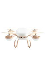 Fototapeta premium White and beige modern quadcopter drone with four propellers and landing gear isolated on transparent background a contemporary aerial device