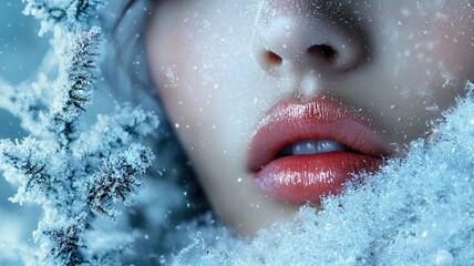 Beautiful woman with vibrant red lips and snow covered skin surrounded by freshness icy frozen branches, symbolizing