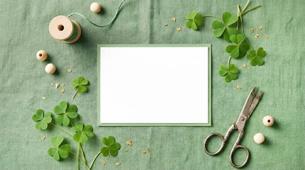 Blank white card with green border surrounded by clover leaves, scissors, wooden beads, and thread on a green linen fabric for St. Patricks Day craft or greeting card