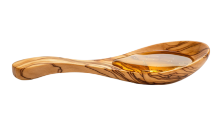 Golden natural honey fills a rustic olive wood spoon, an isolated high quality PNG on transparent background