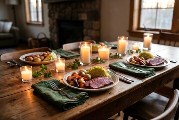 Delicious dinner with traditional Irish corned beef, cabbage, potato, and carrot served on a rustic wooden table with candles for Saint Patricks Day celebration.