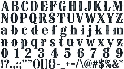 font alphabet in ultra condensed style from a to z numbers punctuation isolated on white background