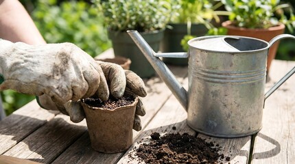 Woman gardener in work glove with seed in a peat pot on an old wooden table. Concept of planting and gardening for spring and new beginning.