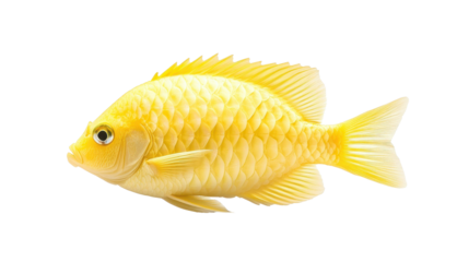 A vibrant golden yellow fish with intricate scales and fins swimming gracefully isolated on a transparent background