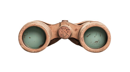 Vintage binoculars isolated as a PNG on transparent background with detailed worn metal texture and green lenses