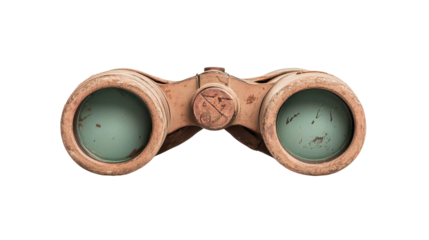 Vintage binoculars isolated as a PNG on transparent background with detailed worn metal texture and green lenses