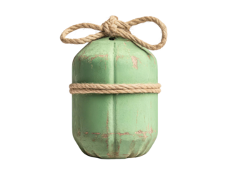 Isolated weathered green marine buoy with rustic rope details on transparent background