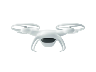White modern drone with four propellers ready for flight as a transparent background PNG asset
