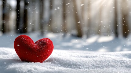 Fototapeta premium Red heart shape in snow with sunlight shining in a snowy forest scene for Valentine's Day