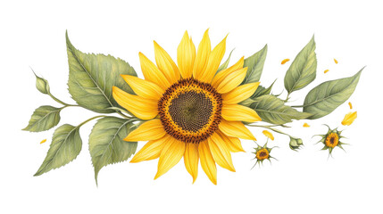 Vibrant watercolor sunflower floral border with bright yellow petals, lush green leaves, and small developing buds, PNG on transparent background