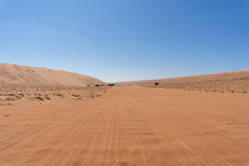 Packed sand road through the desert landscape