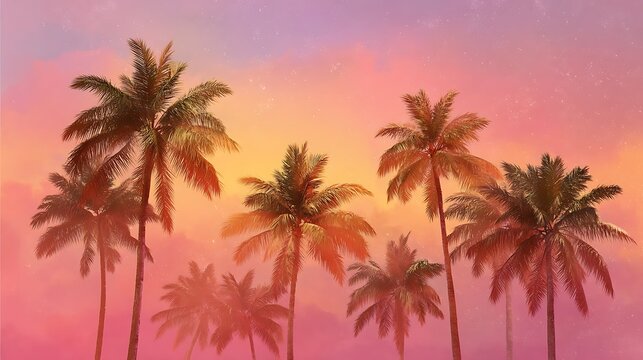 Tall tropical palm trees stand gracefully silhouetted against a beautiful, vibrant pink and orange sunset sky.