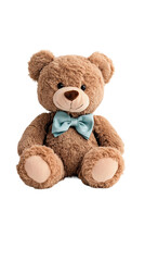 Obraz premium Brown plush bear with blue bow tie sitting as a PNG on transparent background