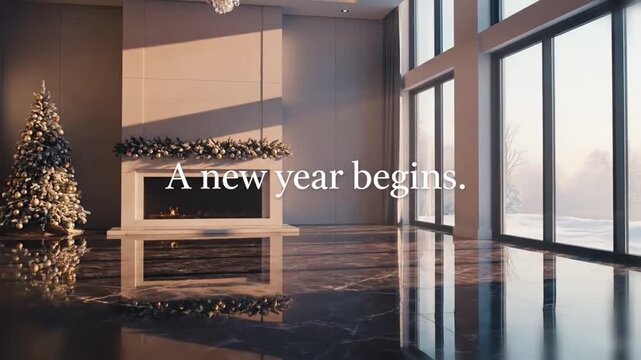 modern holiday interior at dawn with minimalist serif new year text