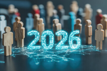 Diverse wooden figures surround glowing 2026 numerals connected by blue digital lines.
