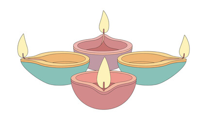 A vibrant illustration showcases a beautiful arrangement of four colorful lit Diwali oil lamps, symbolizing light over darkness and hope.