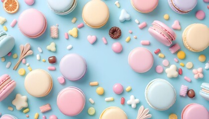 Overhead shot of assorted pastel colored macarons and candy sprinkles on a light blue background for bakery branding and sweet dessert themed advertising.