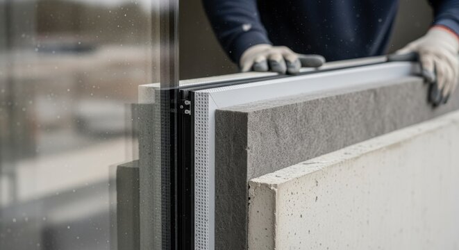 Detailed view of thermal insulation layer integration behind vacuumglazed prefab fa&ccedil;ade panel during building envelope construction.