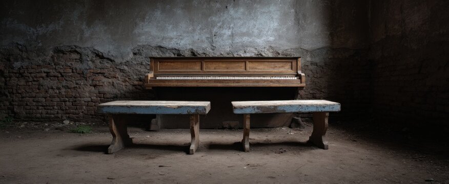 Worn piano benches whisper forgotten melodies echoing nostalgia and longing in their silence.