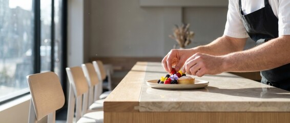 Fototapeta premium dynamic cafe view of hands plating dessert at a restaurant counter in soft morning light natural look with clean negative space