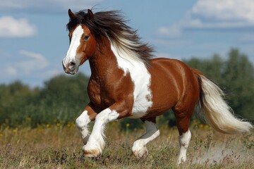 Obraz premium Majestic Pinto Horse Galloping Across a Lush Summer Meadow, Showcasing Its Grace and Strength