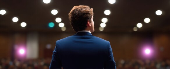 Dynamic business coach inspiring eager workers in a spacious hotel ballroom